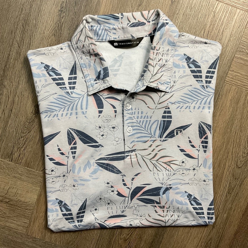 TravisMathew Tropical Floral Leaf Print Golf Tennis Polo Shirt Mens XL Gray